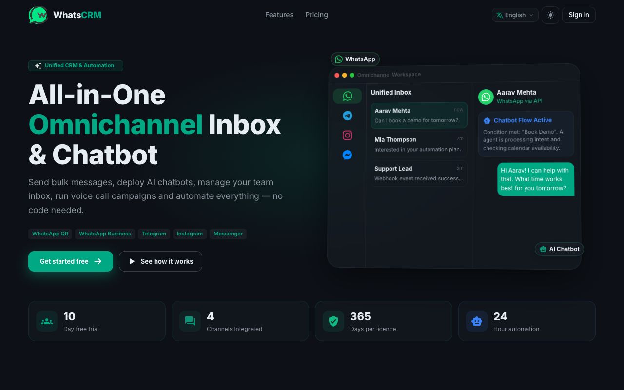 whatsCRM — screenshot of the live product